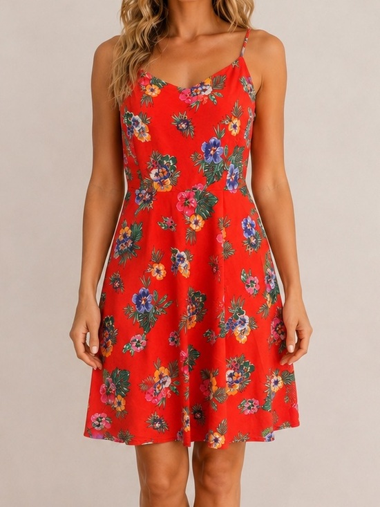 Old Navy Dresses & Skirts - Old Navy Red Tropical Floral Fit & Flare Mini Dress Strappy Lined Size Large